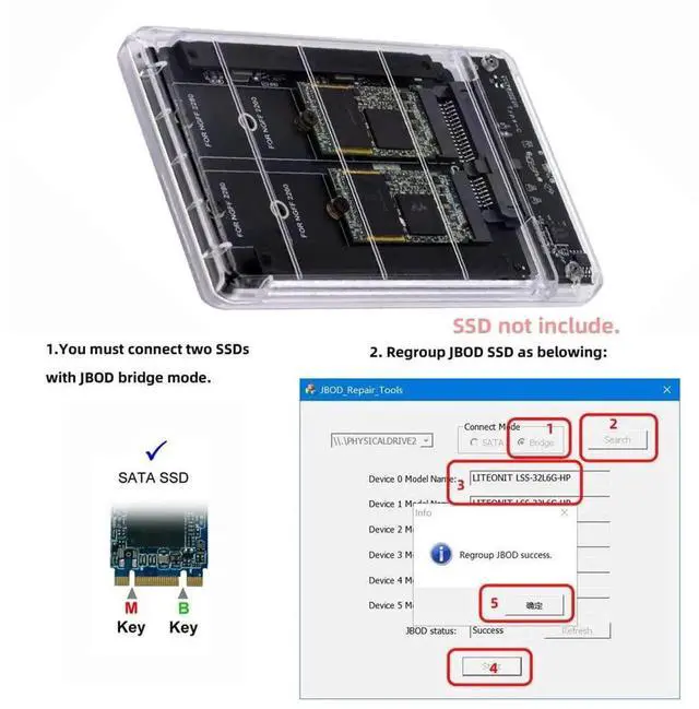 Alt view image 7 of 7 - JAENFONG Dual NGFF B+M-Key M.2 SSD Card JOBD Raid0 Span Bridge to USB3.0 Type-C USB-C 2.5inch SATA Combo Enclosure