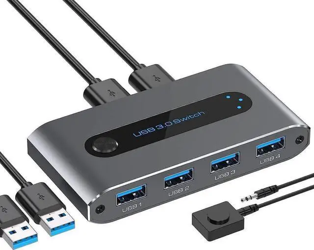 Main image of JAENFONG USB 3.0 Switch, 2 in 4 out USB 3.0 Switch, USB KVM Switcher 2 Computer Sharing 4 USB Devices with Wire Desktop Controller and 2 Pack USB 3.0 A-A Cable