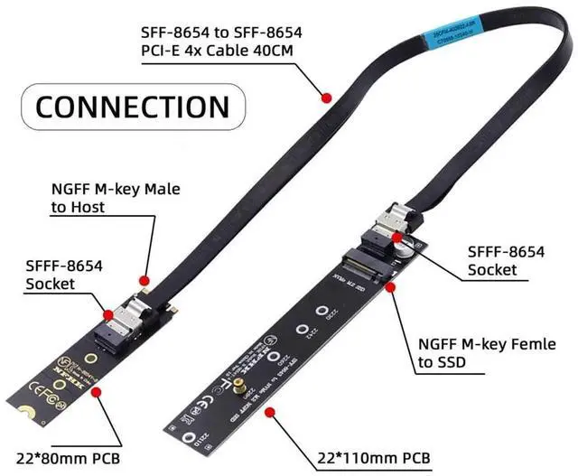Alt view image 6 of 7 - JAENFONG NGFF M-Key NVME Male to Female Extension Cable 40cm with SFF-8654 Connector for Mainboard SSD 2280/22110
