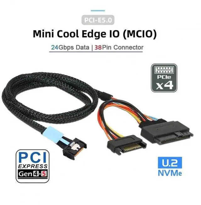 Alt view image 7 of 7 - JAENFONG Cable MCIO 4X Mini Cool Edge IO to U.2 SFF-8639 NVME PCIe PCI-Express Cord for Mainboard SSD 50cm