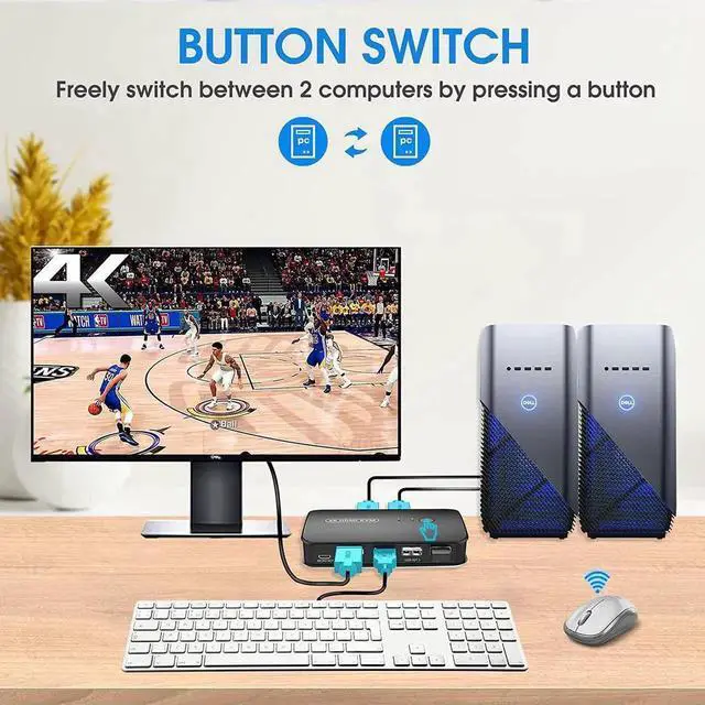 Alt view image 5 of 7 - JAENFONG  KVM Switch HDMI 2 Port Box, USB and HDMI Switch for 2 Computers Share Keyboard Mouse Printer and one HD Monitor, 4K @30HZ, with Wired Controller & KVM Cables