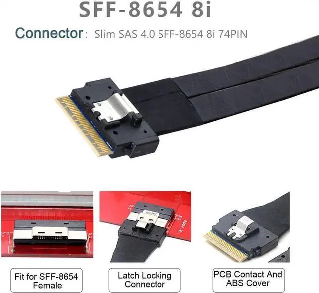 Alt view image 3 of 3 - JAENFONG PCI-Express SFF-8654 8i 74Pin PCI-E Ultraport Slimline SAS Slim 4.0 to Dual SFF-8643 4i Mini SAS HD Cable 50cm