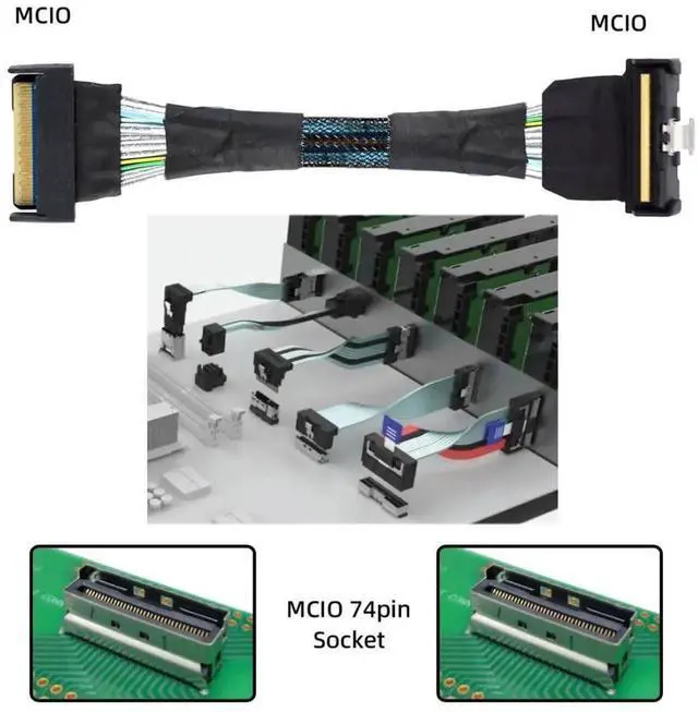 Alt view image 4 of 6 - JAENFONG PCI-E 5.0 Mini Cool Edge IO MCIO 74Pin Slimline SAS 8i 74Pin 24 Gbps 90 Degree UP Angled Extension Cable 35cm