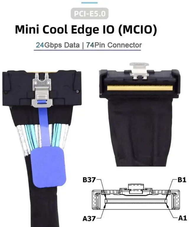 Alt view image 3 of 6 - JAENFONG PCI-E 5.0 Mini Cool Edge IO MCIO 74Pin Slimline SAS 8i 74Pin 24 Gbps 90 Degree UP Angled Extension Cable 35cm