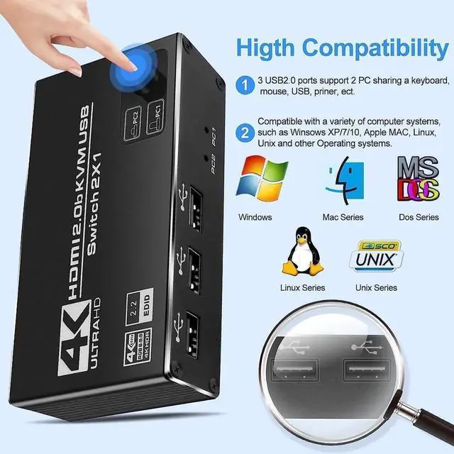 Alt view image 3 of 7 - 2 Port HDMI KVM Switch 2 in 1 Out, 4K @60Hz HDMI USB2.0 KVM Switch for 2 Computers 1 Monitor Share Keyboard Mouse Button Switch, Metal Case, Button & Hotkey Switch, With 2 USB Cables