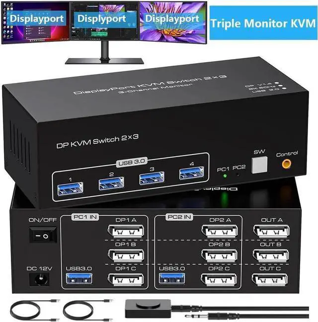 Main image of 4K@120Hz Displayport KVM Switch 3 Monitors 2 Computers 8K@60Hz DP KVM Switches Triple Monitor Dual DP Port for 2 PC/Laptops Share 4 USB 3.0 Ports Support Extended & Duplicate Display Mode