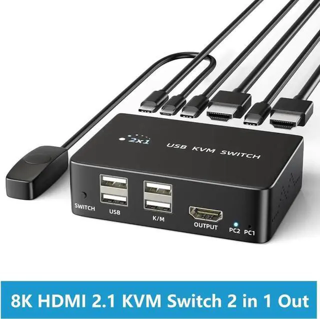Main image of 8K@60Hz HDMI 2.1 USB KVM Switch 1 Monitors 2 Computers, 4K@120Hz USB switcher HDMI KVM Switch 2 in 1 Out with Remote and 4 USB 2.0 Port, 2 USB Cables and 1 Desktop Controller for Work or Entertainment