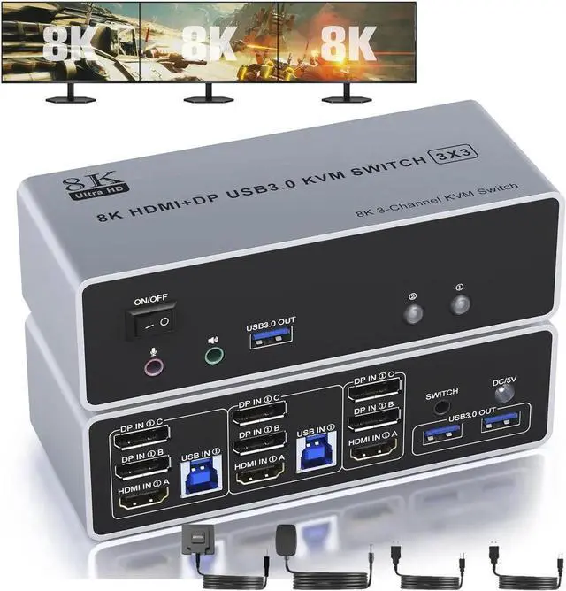 Main image of KVM Switch 3 Monitors 2 Computers 8K@60Hz 4K@144Hz, HDMI + 2 Displayport Triple Monitor KVM Switch for 2 PC Share 3 Monitor, Audio Mic Port and 3 USB 3.0 Devices Support Extended and Copy Mode