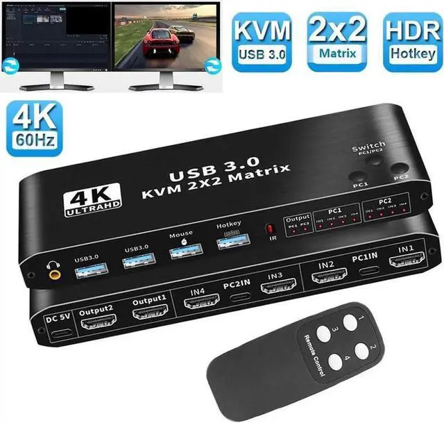 Main image of 2x2 HDMI KVM Matrix Switch Dual Monitor HDMI + USB-C 4K@60Hz 2 in 2 Out KVM Switch 2 Monitors 2 Computers, with Keyboard, Mouse Output and 2 USB 3.0 Ports, PC Monitor Keyboard Mouse Switcher