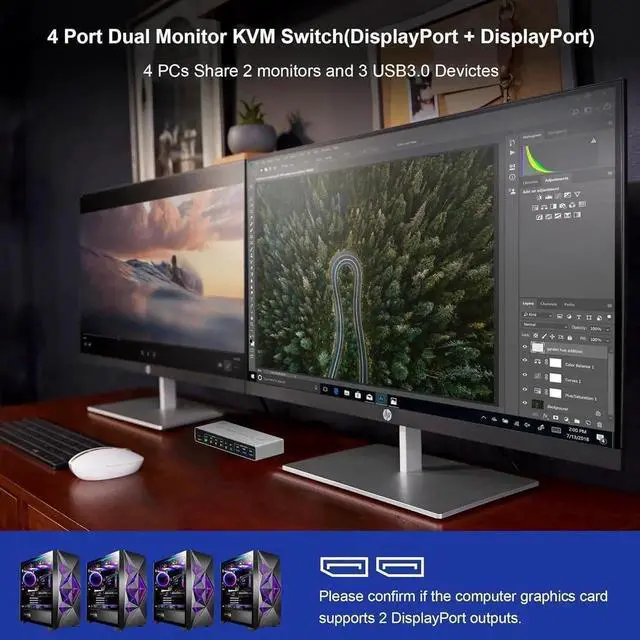 Alt view image 2 of 7 - Displayport USB 3.0 KVM Switch 2 Monitors for 4 Computers 8K@60Hz 4K@144Hz, 4 Port DP1.4 Dual Monitor Displayport KVM Switch with Audio Output and 3 USB 3.0, 8K DP Monitor Switch for 4PCs