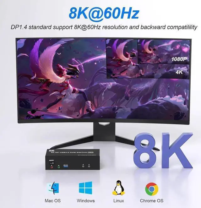 Alt view image 6 of 7 - 8K@60Hz KVM Switch 3 Monitors 2 Computers 4K@144Hz, DP 1.4 8K Displayport Triple Monitor KVM Switch for 2 Computer Share 3 Monitor, Audio Mic Port and 3 USB3.0 Devices, Wired Remote, 5V Adapter