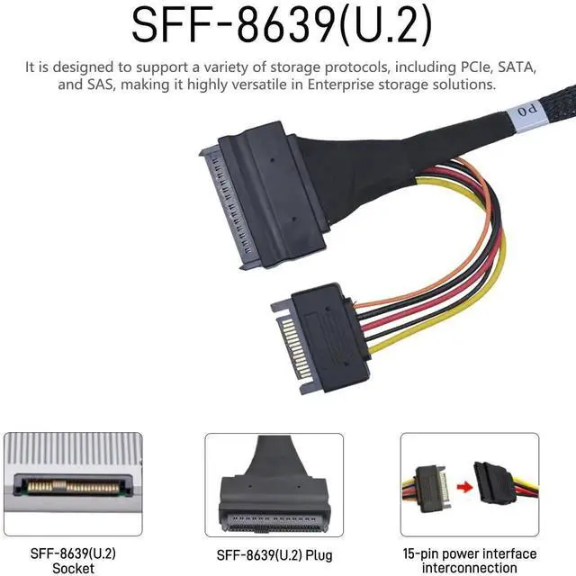 Alt view image 3 of 6 - JAENFONG  PCIe 5.0 MCIO x8 to 2 x SFF-8639 Cable for U.2 NVMe SSD with 15Pin Power, 2.1ft(65 cm)