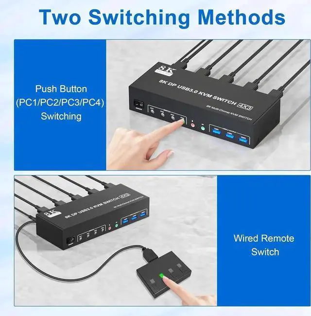 Alt view image 7 of 7 - 8K@60Hz USB 3.0 Displayport KVM Switch 3 Monitors 4 Computer, DP1.4 Triple Monitor KVM Switch with Audio Microphone Output and 3 USB 3.0 Port, KVM Triple Monitor Keyboard Mouse Switcher for 4PCs