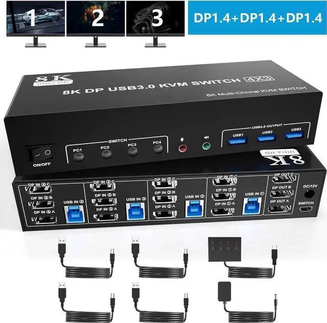Main image of 8K@60Hz USB 3.0 Displayport KVM Switch 3 Monitors 4 Computer, DP1.4 Triple Monitor KVM Switch with Audio Microphone Output and 3 USB 3.0 Port, KVM Triple Monitor Keyboard Mouse Switcher for 4PCs