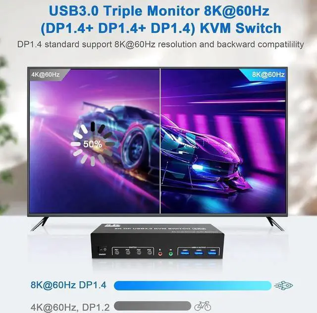 Alt view image 2 of 7 - 8K@60Hz USB 3.0 Displayport KVM Switch 3 Monitors 4 Computer, DP1.4 Triple Monitor KVM Switch with Audio Microphone Output and 3 USB 3.0 Port, KVM Triple Monitor Keyboard Mouse Switcher for 4PCs