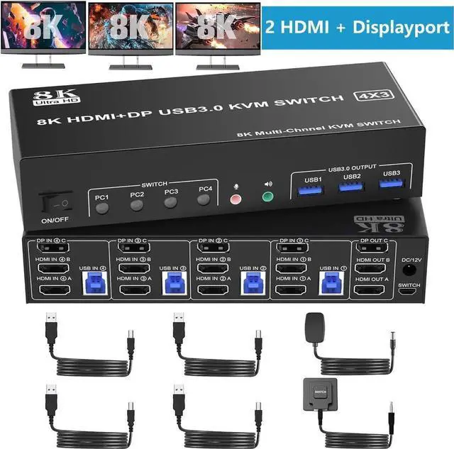 Main image of KVM Switch 3 Monitors 4 Computers 8K@60Hz 4K@144Hz, 2 HDMI +1 DisplayPort KVM Switch Triple Monitor for 4 Computer with Audio and 3 USB 3.0 Ports, KVM Switch for Triple Monitor Keyboard Mouse Switcher