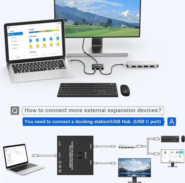 Alt view image 4 of 7 - 2 Port USB C Switch, Bi-Directional [2 in 1 Out / 1 in 2 Out] USB C Switcher 2 Computers, USB C KVM Switch Support 8K @60Hz/4K@120Hz Video/10Gbps Data Transfer/100W Charging, with 2 USB-C Cables