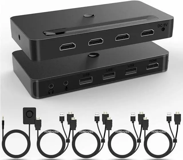 Main image of 4 Port KVM HDMI Switch with Audio Microphone and 3 x USB Hub - 4K @60Hz 4 in 1 Out HDMI USB Switch Supports Keyboard Mouse with USB+HDMI Combo Cables x4|USB Power Cable|Wire Remote Switch