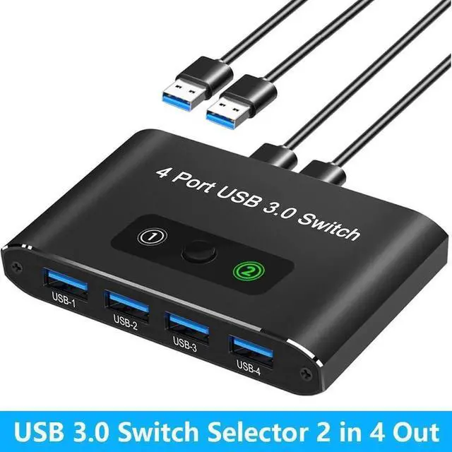Main image of USB 3.0 Switch 2 in 4 Out, USB Switch Selector 2 Computers Sharing 4 USB Devices KVM Switcher Box for PC, Printer, Scanner, Mouse, Keyboard with 2 USB Cable, Compatible with Mac/Windows/Linux