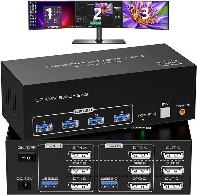 Main image of 8K Displayport KVM Switch 3 Monitors 2 Computers 4K 120Hz Triple Monitor DP KVM Switches for 2 PC Share 4 USB 3.0 Ports Support Extended & Copy Display Mode Wired Controller & 12V Adapter Included