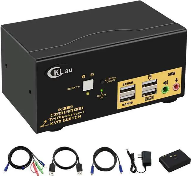 Main image of 2 Port KVM Switch Triple Monitor DisplayPort 4K @60Hz, 2 Computers x 3 Monitors KVM Switch with Audio and USB 2.0 HUBS DP 1.2 KVM Switch