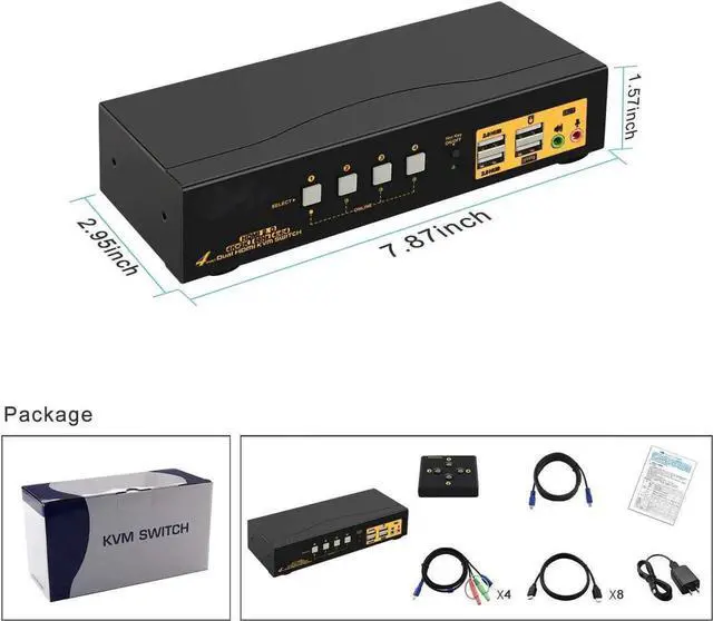 Alt view image 7 of 7 - 4 Port KVM Switch Dual Monitor HDMI 4K 60Hz, HDMI KVM Switch for 4 Computers 2 Monitors with USB 2.0 HUB and Cables