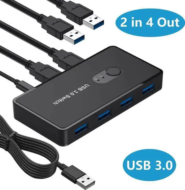 Main image of USB 3.0 Switch 2 in 4 Out, USB Switcher Selector 2 Computers Sharing 4 USB 3.0 Ports, KM Switcher Box with 2 Pack USB Cable for PC, Printer, Scanner, Mouse, Keyboard, Compatible with Mac/Windows/Linux