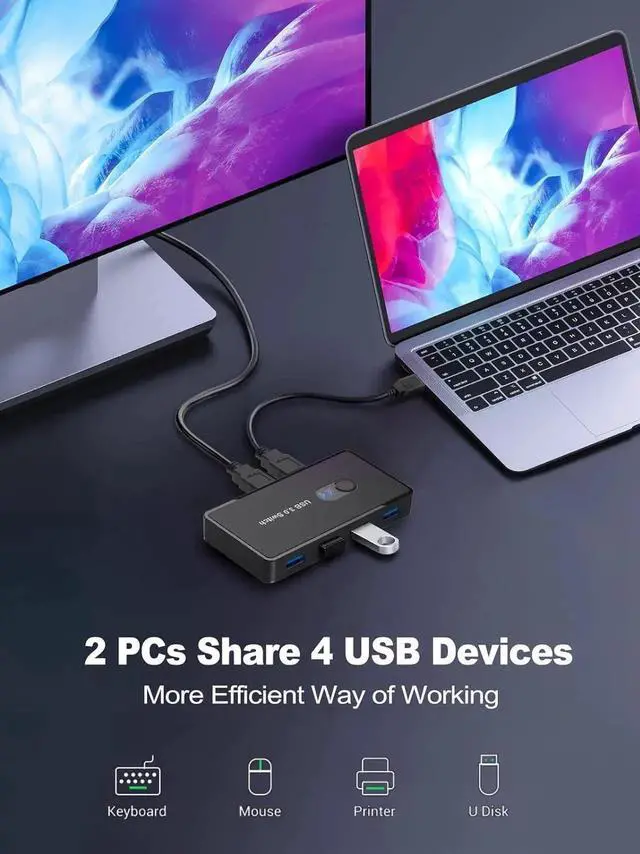 Alt view image 5 of 6 - USB 3.0 Switch 2 in 4 Out, USB Switcher Selector 2 Computers Sharing 4 USB 3.0 Ports, KM Switcher Box with 2 Pack USB Cable for PC, Printer, Scanner, Mouse, Keyboard, Compatible with Mac/Windows/Linux