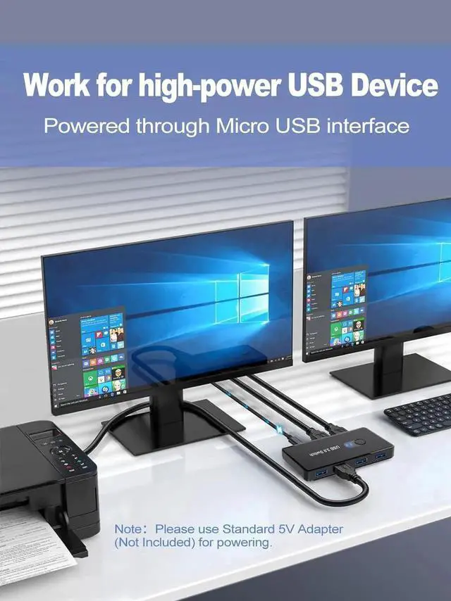 Alt view image 2 of 6 - USB 3.0 Switch 2 in 4 Out, USB Switcher Selector 2 Computers Sharing 4 USB 3.0 Ports, KM Switcher Box with 2 Pack USB Cable for PC, Printer, Scanner, Mouse, Keyboard, Compatible with Mac/Windows/Linux