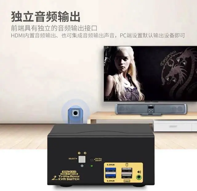 Alt view image 5 of 7 - 2 Port Triple Monitor HDMI KVM Switch, HDMI USB 3.0 KVM Switch with Audio Output, All Input Cables, 2 USB 3.0 Hub for 2 Computers Sharing 3 Monitors Supports Emulation EDID, Hotkey Switching