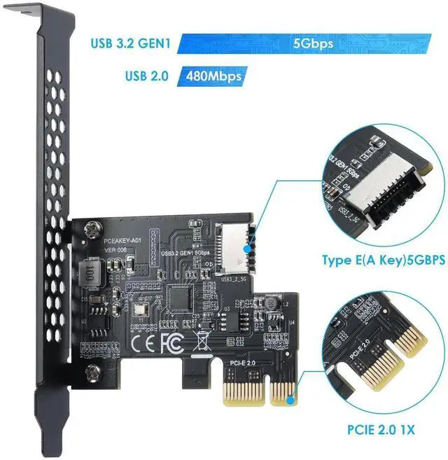Alt view image 4 of 7 - PCI-E 1X to USB 3.2 GEN1 5Gbps Type-E A-Key Expansion Card,Front Panel Type-C Interface for Desktop PC(ASM1042A)