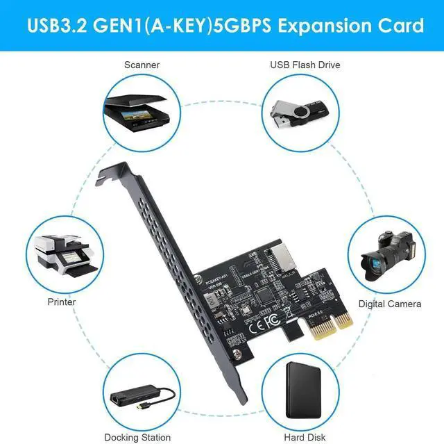 Alt view image 6 of 7 - PCI-E 1X to USB 3.2 GEN1 5Gbps Type-E A-Key Expansion Card,Front Panel Type-C Interface for Desktop PC(ASM1042A)