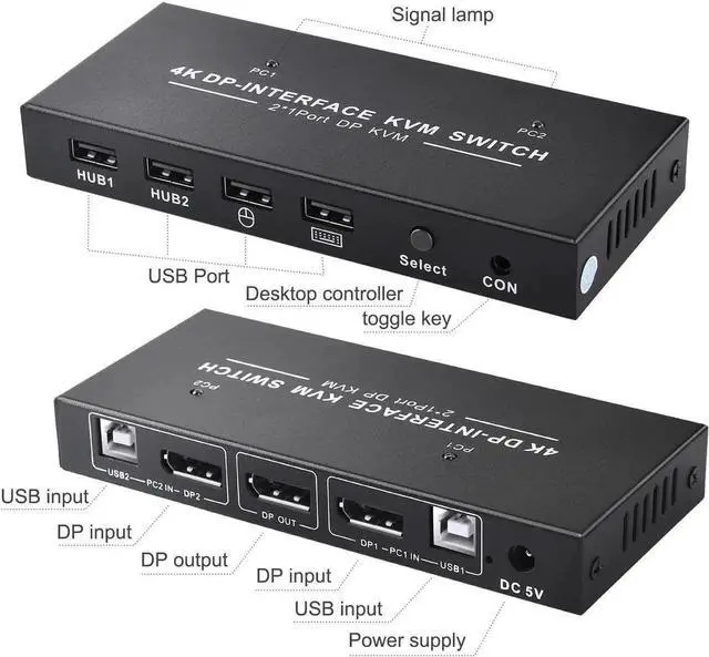 Alt view image 6 of 6 - DisplayPort KVM Switch 2x1 4K 60Hz DP 2 in 1 out USB KVM Switcher Displayport 1.2 Switch KVM DP Switch Support USB Mouse&Keyboad