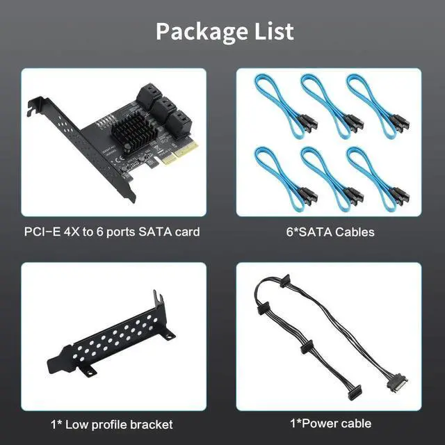 Alt view image 4 of 7 - JAENFONG PCIe 4X to 6 SATA Expansion Card, 6Gbps SATA3.0 Controller with LED Indicator, 6 SATA Cables, 15 PIN Power Cable for Win10/8/7/XP/Vista/Linux