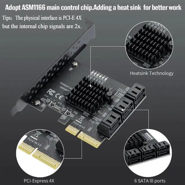 Alt view image 5 of 7 - JAENFONG PCIe 4X to 6 SATA Expansion Card, 6Gbps SATA3.0 Controller with LED Indicator, 6 SATA Cables, 15 PIN Power Cable for Win10/8/7/XP/Vista/Linux