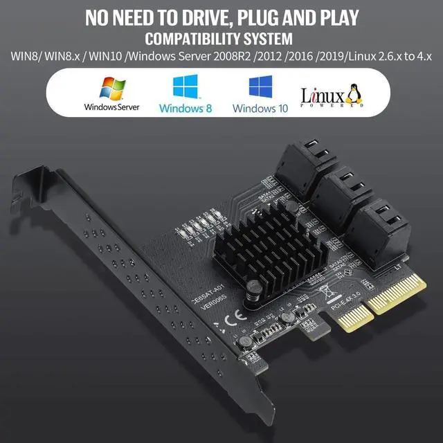 Alt view image 6 of 7 - JAENFONG PCIe 4X to 6 SATA Expansion Card, 6Gbps SATA3.0 Controller with LED Indicator, 6 SATA Cables, 15 PIN Power Cable for Win10/8/7/XP/Vista/Linux
