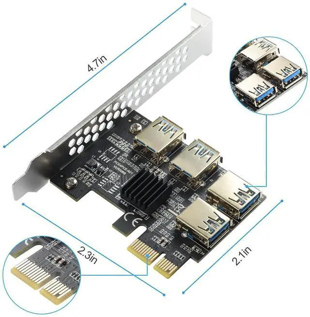 Alt view image 6 of 7 - JAENFONG PCI-E 1 to 4 Express 16X Slots Riser Card, 1X to External 4 USB 3.0 Adapter Multiplier for Bitcoin Mining
Be the first to review this product...