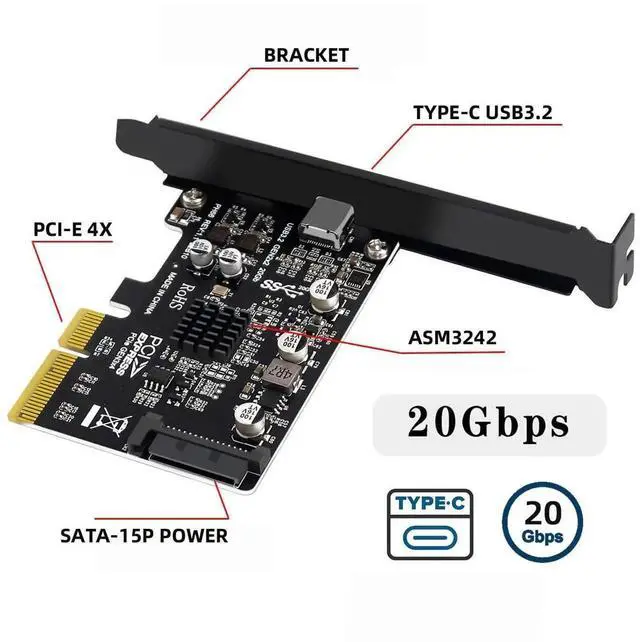 Alt view image 7 of 7 - JAENFONG Card USB 3.2 Gen2 Type-C 20Gbps USB-C to PCI-E 4X Express Adapter for Desktop Motherboard