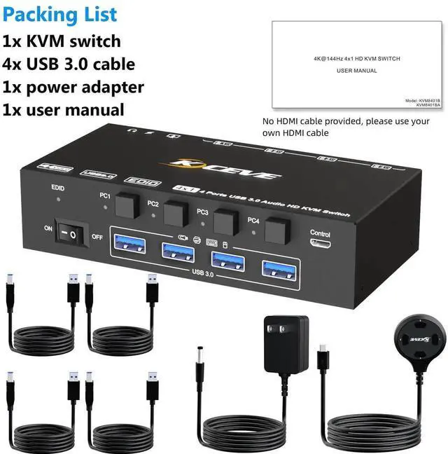 Alt view image 4 of 7 - HDMI KVM Switch 4 Ports with Audio, 4K@60Hz USB 3.0 4 PC KVM Switcher Box with EDID Emulator for 4 Computers Share Mouse Keyboard and Monitor