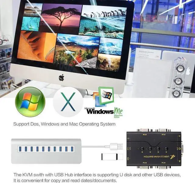 Alt view image 6 of 6 - 4 Port VGA KVM Switch with USB Hub and Audio Support Wireless Keyboard Mouse Connection and Push Button Switching Function