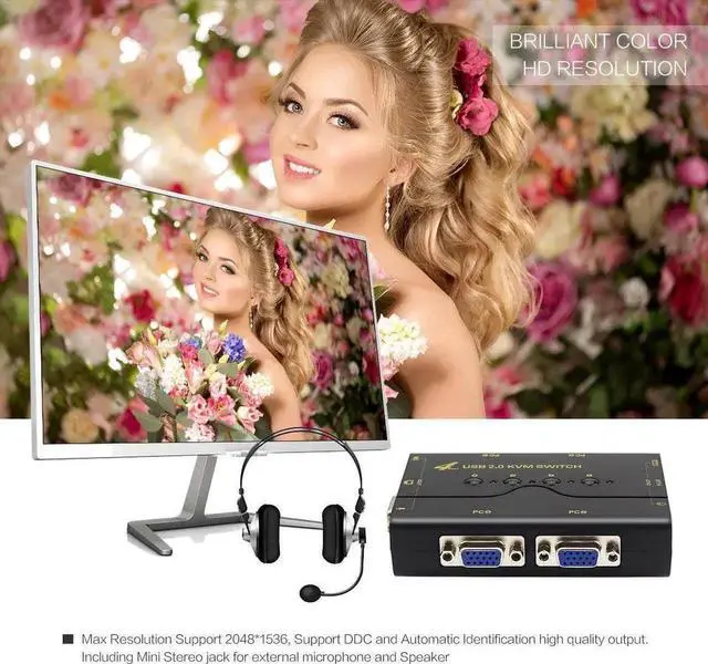 Alt view image 5 of 6 - 4 Port VGA KVM Switch with USB Hub and Audio Support Wireless Keyboard Mouse Connection and Push Button Switching Function