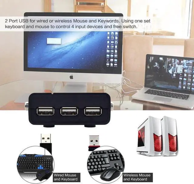 Alt view image 4 of 6 - 4 Port VGA KVM Switch with USB Hub and Audio Support Wireless Keyboard Mouse Connection and Push Button Switching Function