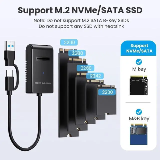 Alt view image 7 of 7 - JAENFONG USB 3.0 USB-C Type-C Type-A to NVME M-Key M.2 NGFF SATA SSD Docking Horizontal External Cable Enclosure RTL9210B Chipset