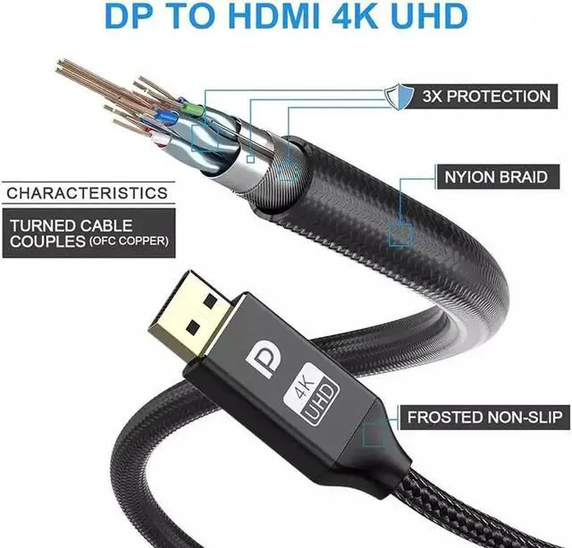 Alt view image 4 of 7 - DisplayPort to HDMI Cable, [High Speed 4K 30Hz UHD, 2K 60Hz, 1080P 120Hz] Uni-Directional Nylon Braided Gold-Plated DP to HDMI Cord Display Port to HDMI Male Connector - 3.3Feet