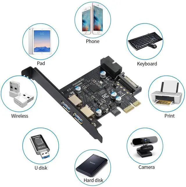 Alt view image 7 of 7 - JAENFONG PCI-E to USB 3.2 Gen 1 Card 5Gbps Dual USB-A Ports Expansion Card with 20PIN Front Panel Header USB Card,PCI Express Card with 15-Pin SATA Power Connector.