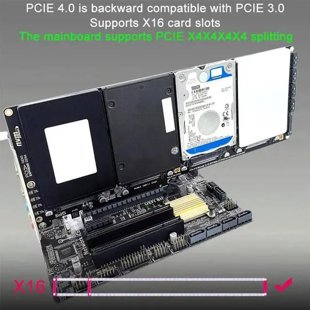 Alt view image 2 of 3 - JAENFONG 4-Port U2 NVME 2.5Inch SATA SSD Adapter Card Motherboard Support PCIe X4x4x4x4 Bifurcation with LED Indicator for PC