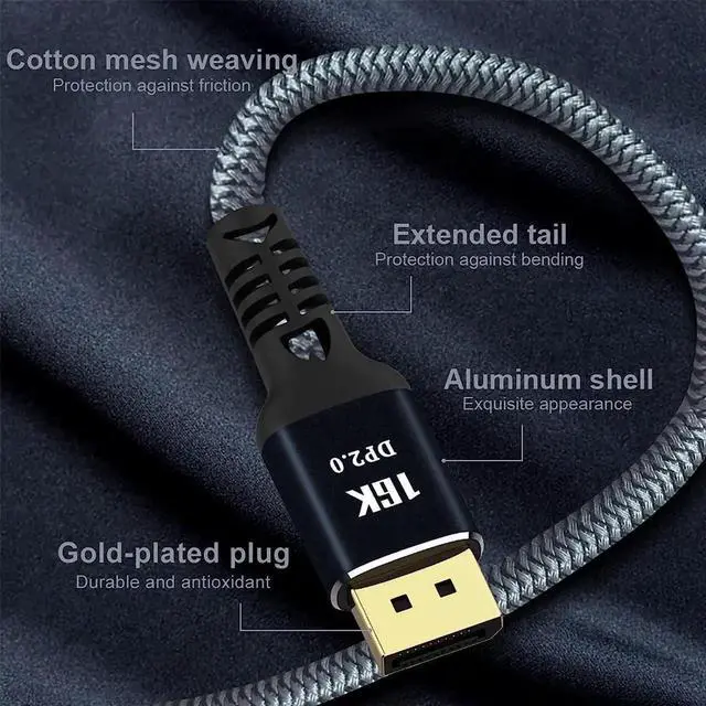 Alt view image 7 of 7 - JAENFONG  DisplayPort Cable 2.0, 16K DP Cable 3.3FT (16K@60Hz, 8K@60Hz, 4K@165Hz) HBR3 Support 80Gbps, HDCP 2.2, HDR10 FreeSync G-Sync