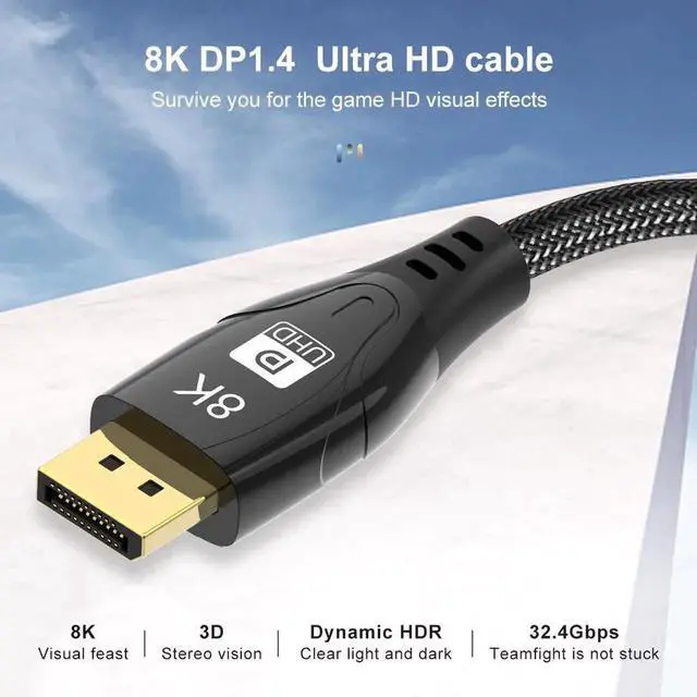Alt view image 7 of 7 - JAENFONG8K DisplayPort Cable 1.4, 16.4ft Nylon Braided UHD DP Cable (8K@60Hz,4K@144Hz) Ultra High Speed DisplayPort to DisplayPort Cable 32.4Gbps, and HBR3 for PC, Laptop, HDTV Gaming Monitor- Black