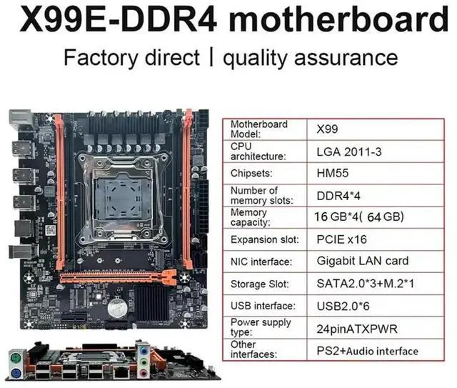 Main image of JAENFONG X99E Motherboard+E5 2678 V3 CPU+Thermal Grease Support 4 DDR4 RECC RAM Gigabit LAN Card PCIEX16 NVMe Desktop Motherboard