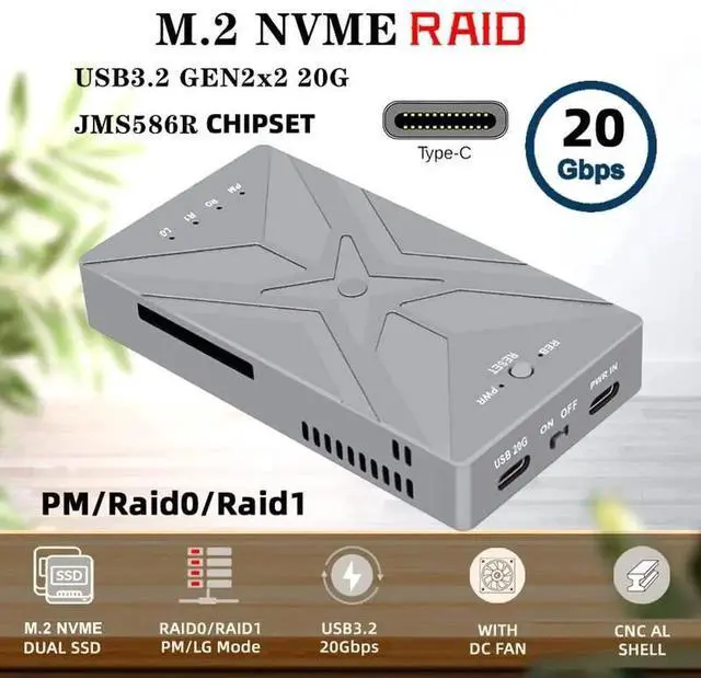 Alt view image 4 of 7 - JAENFONG Dual NVME M.2 NGFF M-Key to USB-C Type-C Raid0 Raid1 JOBD Big Enclosure 20Gbps with Fan Raid0 Hyper Adapter